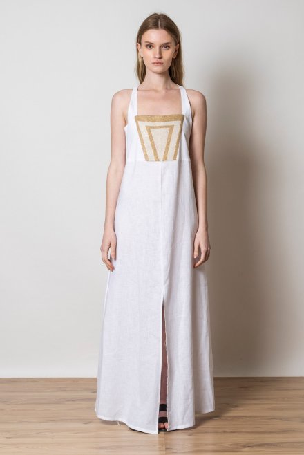 Linen maxi  dress with knitted details white
