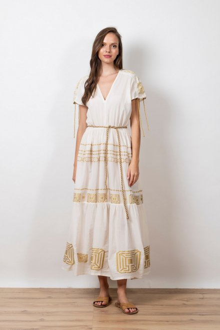 Emproidered jaquard geometrical pattern maxi dress with knitted details ivory-gold