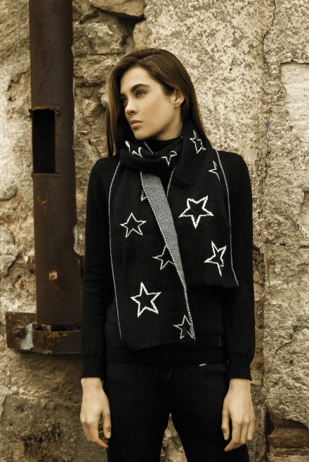 Scarf with stars black-ivory