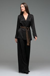 Animal print satin jacquard double-breasted blazer with a handmade fringed knitted  tie belt black