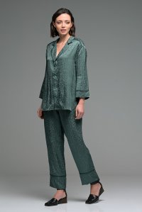 Animal print satin jacquard pyjama pants with knitted details antique green