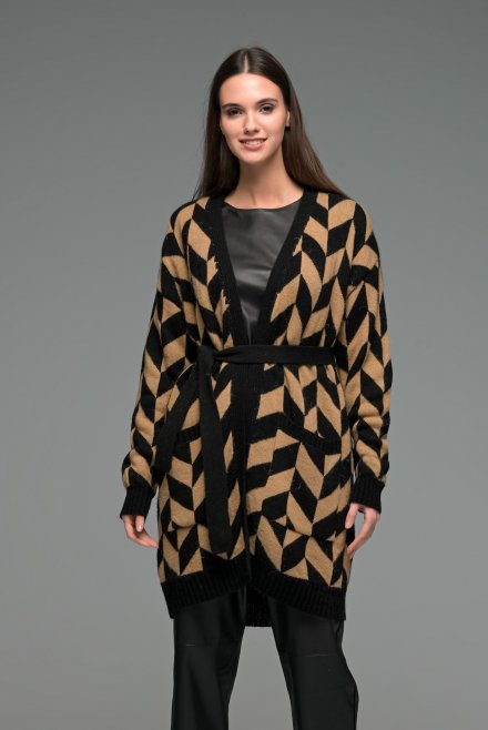 Two tone jacquard belted cardigan