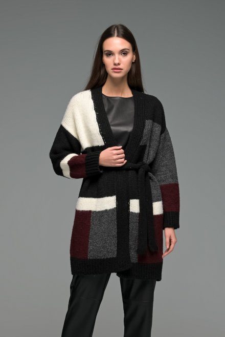 Mohair blend intarsia belted cardigan