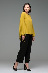 Crepe marocaine wide-sleeved blouse with knitted details golden olive