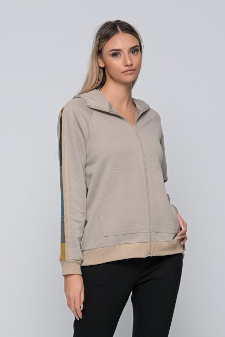 Cotton relaxed zipped hoodie with multicolored knitted details