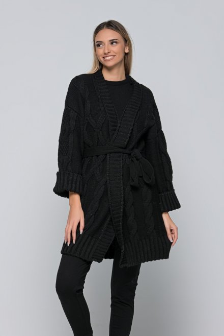 Wool blend cable knit oversized belted cardigan
