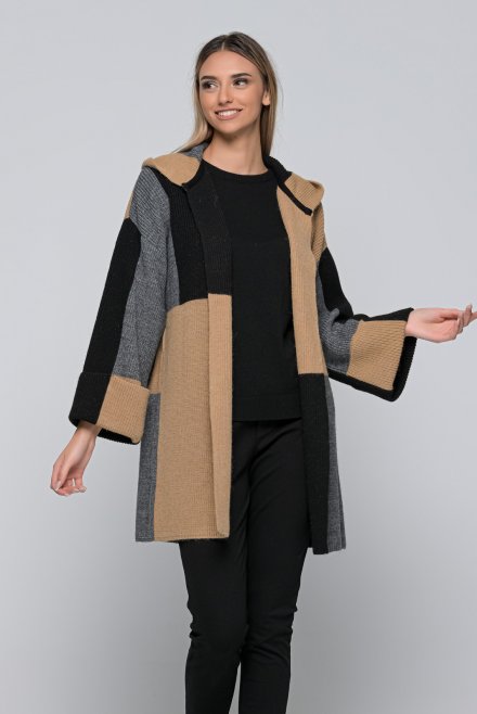 Color-block intarsia hooded cardigan