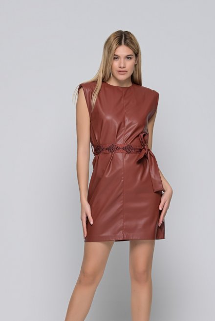 Faux leather padded mini dress with a double sided belt