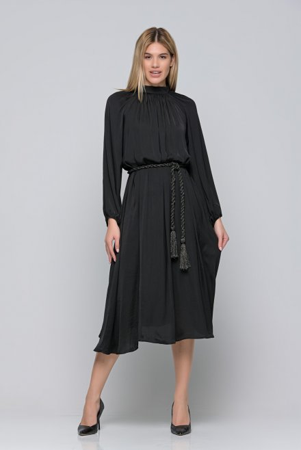 Pleated midi dress with knitted handmade rope tie belt