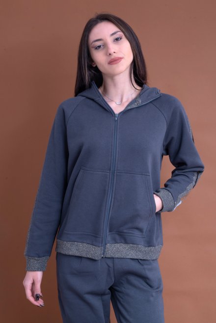 Cotton relaxed zipped hoodie with multicolored knitted details elephant