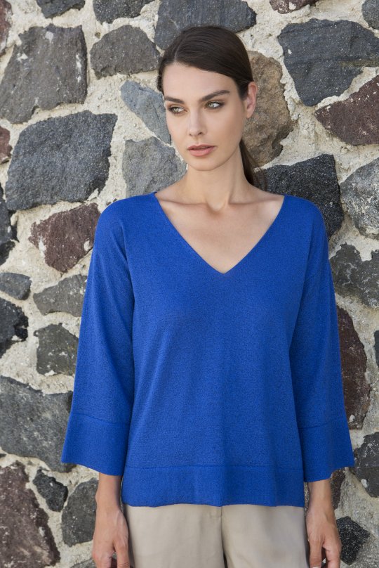 Lurex πλεκτή μπλούζα με V atlantic blue