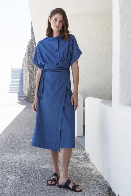 Jean wrap dress with knitted details indigo