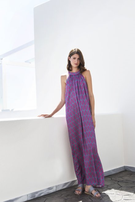 Gometric pattern maxi dress with knitted details petrol-orchid flower