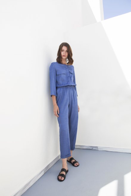 Long sleeved jumpsuit with knitted details indigo