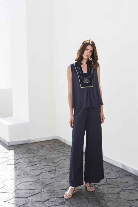 Crepe marocain sleeveless top with knitted details navy