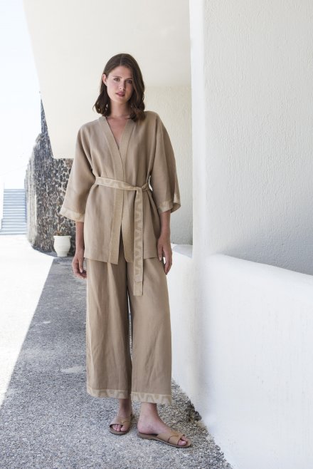 Linen belted kimono with knitted  details tan