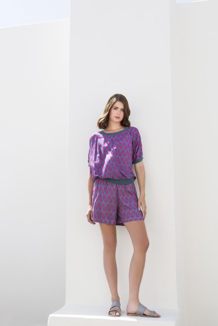 Geometric pattern sleeved top with knitted details petrol-orchid flower