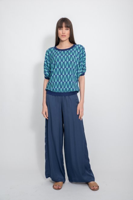 Geometric pattern sleeved top with knitted details atlantic blue-blue grass