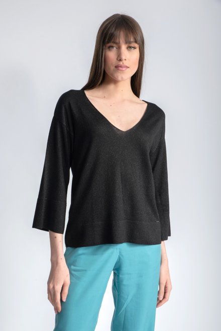 Lurex v-neck sleeved sweater black