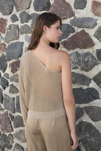 Lurex open knit one shoulder long sleeved top tan gold