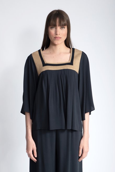 Crepe marocain blouse with knitted details black