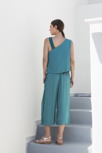 Satin one shoulder top with knitted details blue grass