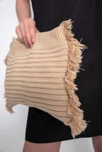 Cotton blend bag with fringes beige