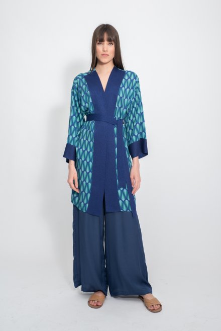 Geometric pattern kimono with knitted details atlantic blue-blue grass