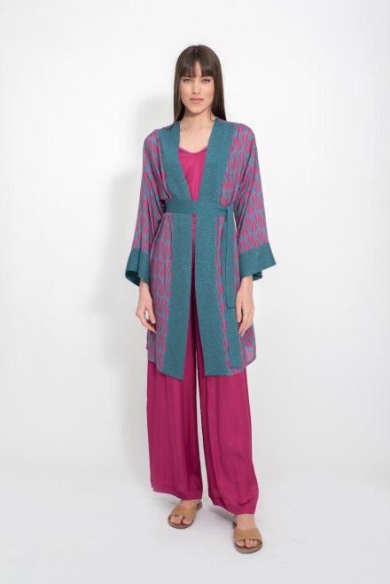 Geometric pattern kimono with knitted details petrol-orchid flower