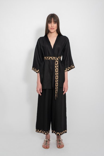 Linen belted kimono with knitted  details black
