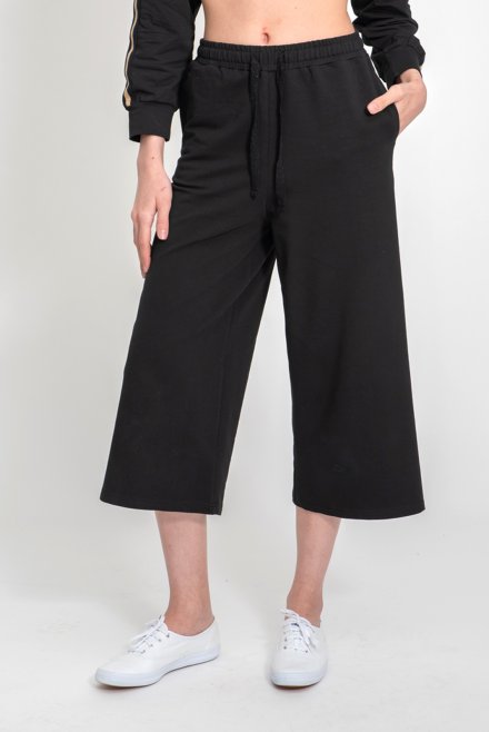 Cotton wide leg track pants with knitted details black