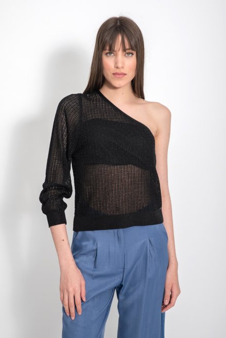 Lurex open knit one shoulder long sleeved top black