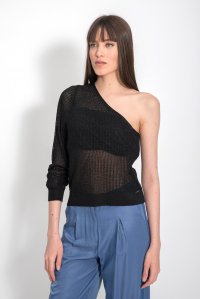 Lurex open knit one shoulder long sleeved top black