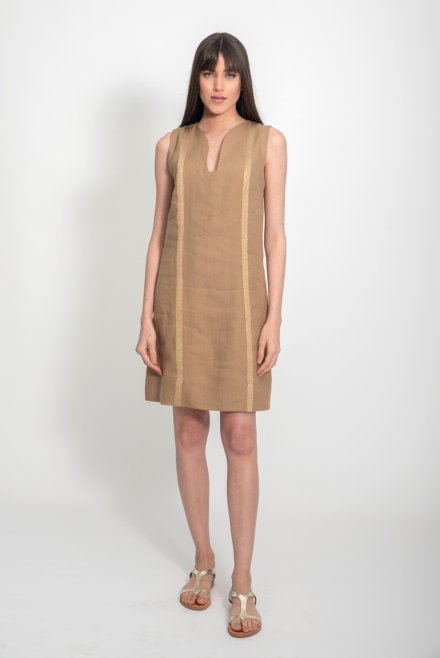 Linen mini dress with knitted details tan
