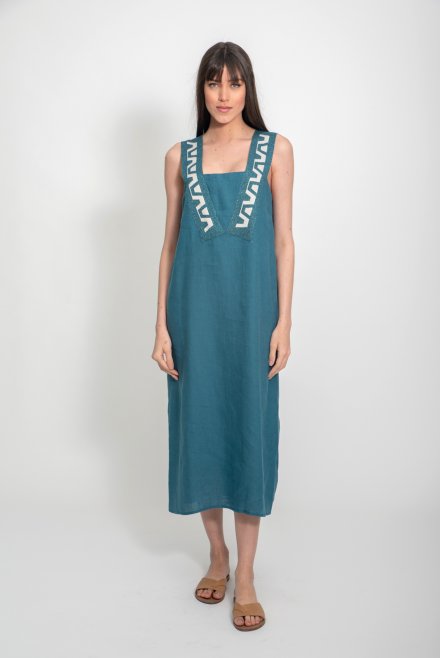 Linen sleeveless dress with knitted details petrol
