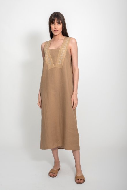 Linen sleeveless dress with knitted details tan