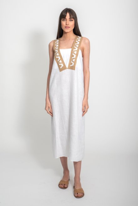Linen sleeveless dress with knitted details white