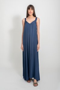 Satin maxi dress with handmade knitted details midnight blue