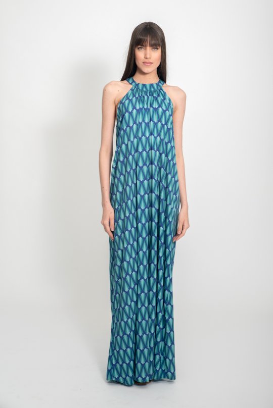 Gometric pattern maxi dress with knitted details atlantic blue-blue grass