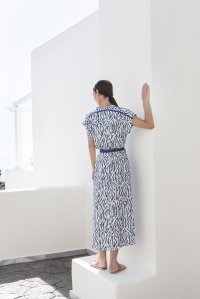 Animal print maxi caftan  dress with knitted details ivory-blue