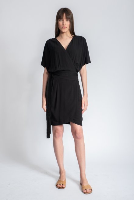 Crepe marocain mini wrap dress with knitted details black