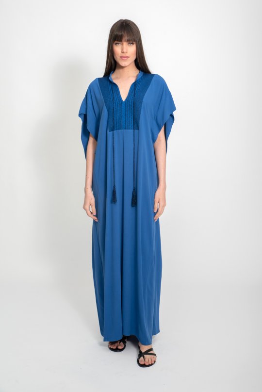 Crepe marocain caftan with knitted details atlantic blue