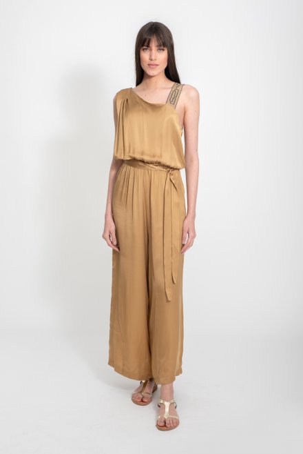 Satin one shoulder jumpsuit with knitted  details gold
