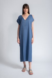 Cut-out φόρεμα με κοντά μανίκια και V indigo