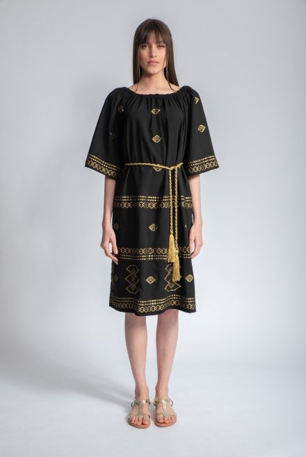 Woven mini dress with handmade knitted belt black-rich gold