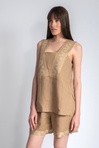 Linen top with knitted details tan