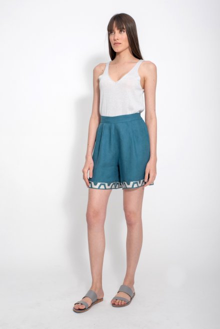 Linen shorts with knitted details petrol