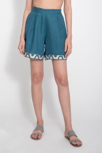 Linen shorts with knitted details petrol
