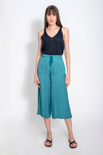 Satin cropped wide leg pants with knitted details blue grass