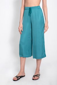 Satin cropped wide leg pants with knitted details blue grass